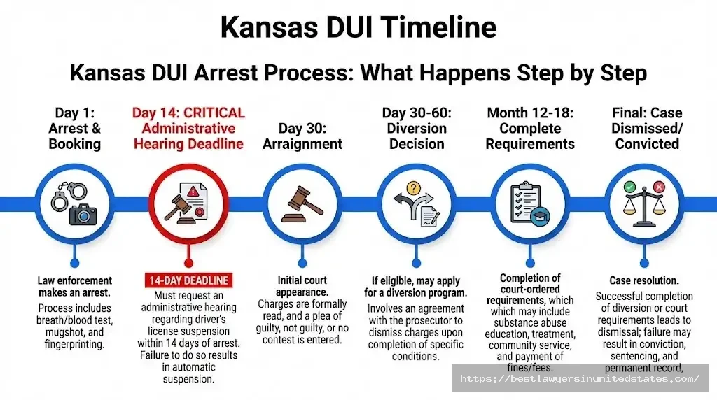 Kansas DUI arrest process timeline showing critical 14-day administrative hearing deadline