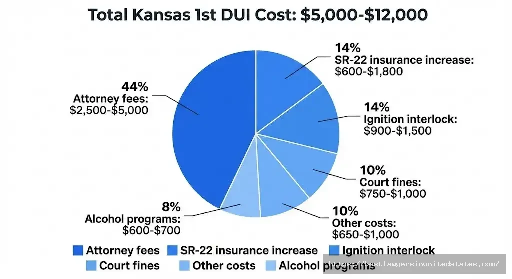 Kansas DUI cost breakdown pie chart showing $5,000-$12,000 total with attorney fees, fines, and insurance