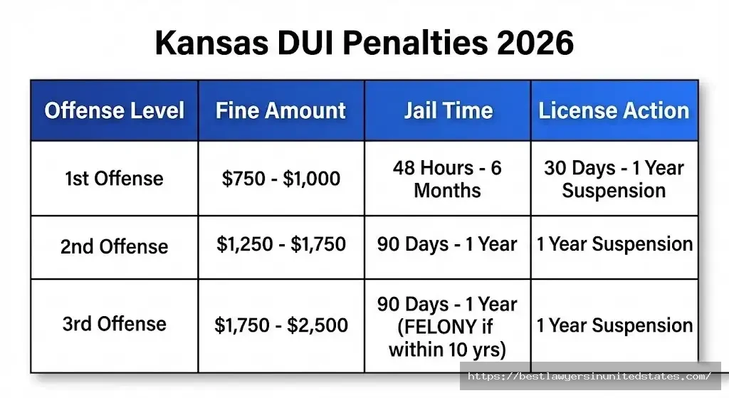 Kansas DUI penalties comparison showing fines, jail time, and license suspension for 1st, 2nd, 3rd offenses