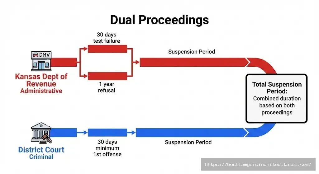 Kansas dual DUI suspension timeline showing separate administrative and criminal license penalties