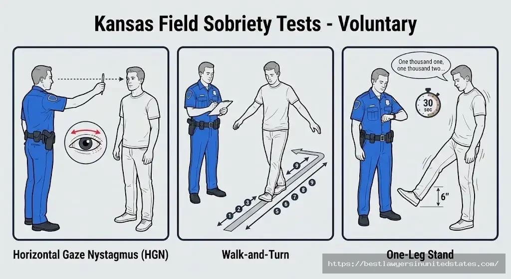 Kansas field sobriety test illustrations showing HGN, walk-and-turn, and one-leg stand tests