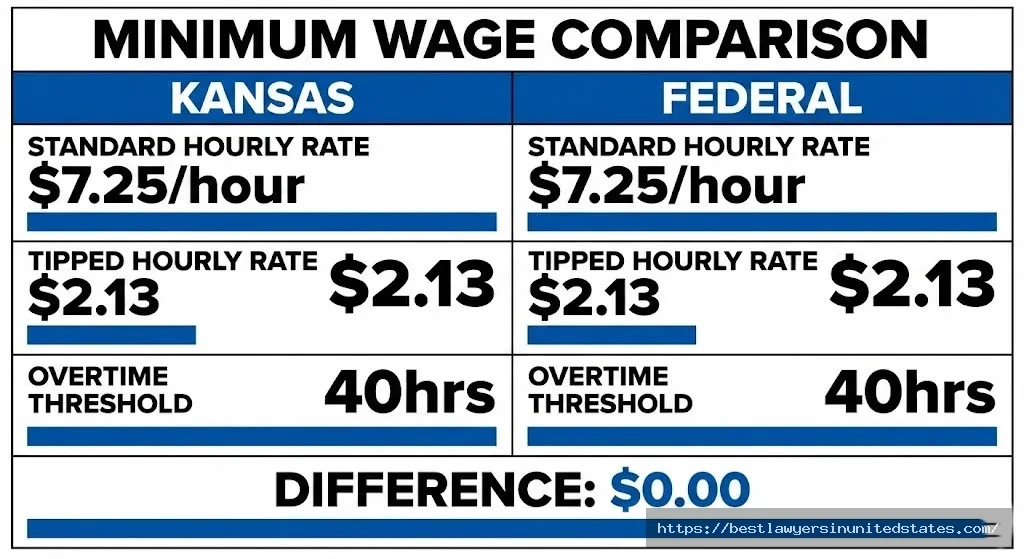 Kansas minimum wage comparison showing $7.25 matches federal rate for standard and tipped employees