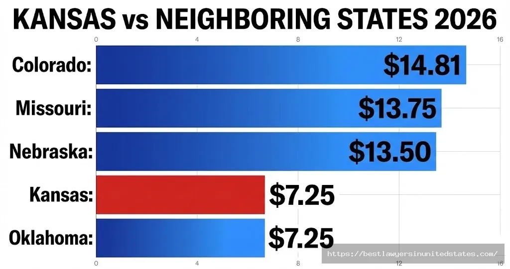 Kansas minimum wage comparison with neighbors showing Colorado at $14.81, Missouri $13.75, Nebraska