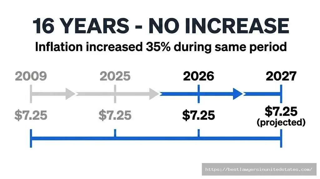 Kansas minimum wage history showing $7.25 rate unchanged for 16 years from 2009 to 2026