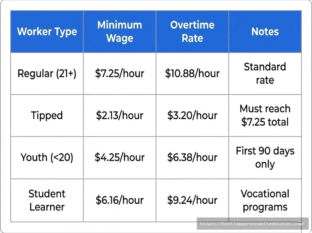 Kansas minimum wage rates by worker type including regular, tipped, youth, and student learner categories