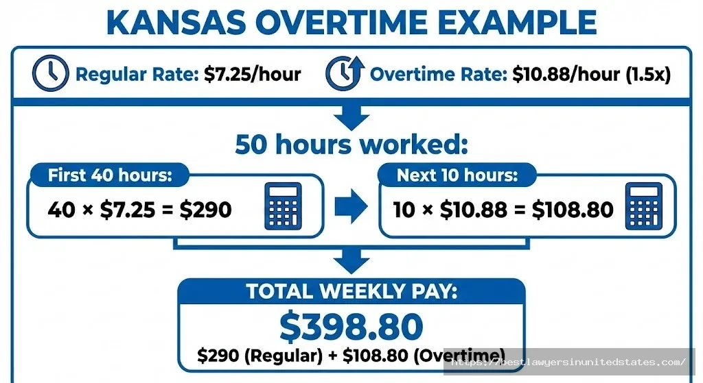 Kansas overtime pay calculation example showing $10.88 per hour rate for hours over 40 per week