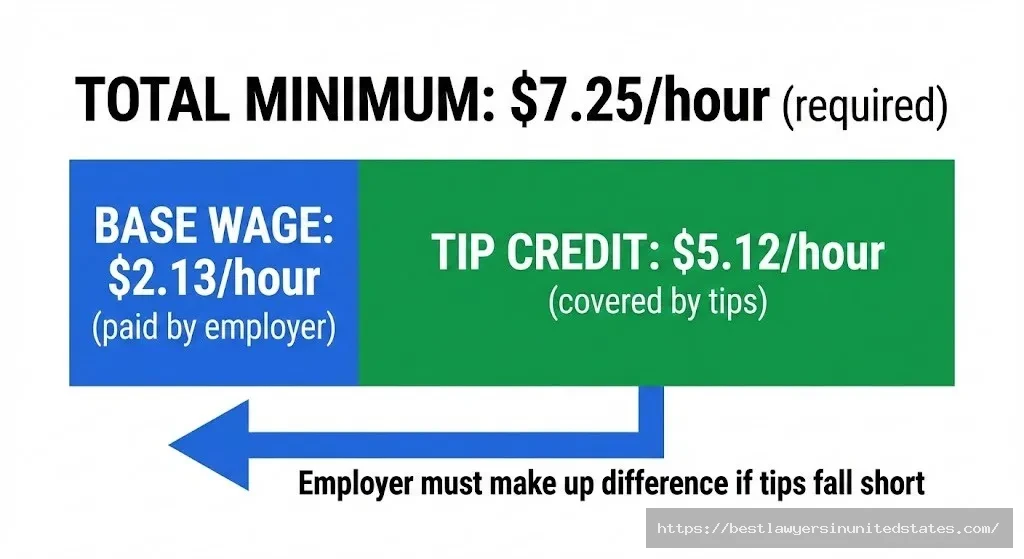 Kansas tipped minimum wage showing $2.13 base wage plus $5.12 tip credit equals $7.25 total minimum