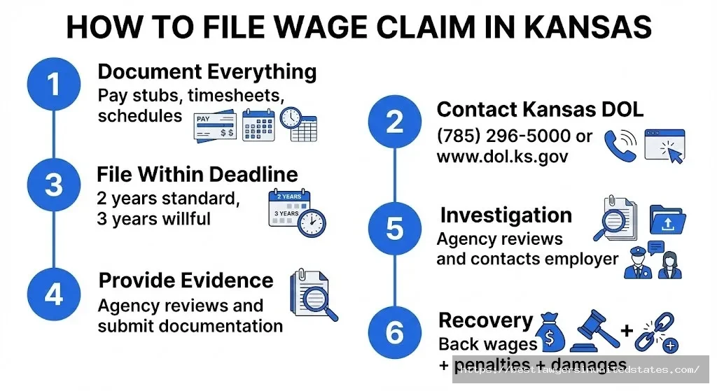 Kansas wage claim filing process showing 6 steps from documentation to recovery through Kansas Department of Labor
