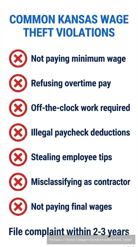 Kansas wage theft violations including unpaid minimum wage, overtime, and tip theft with 2-3 year filing deadline