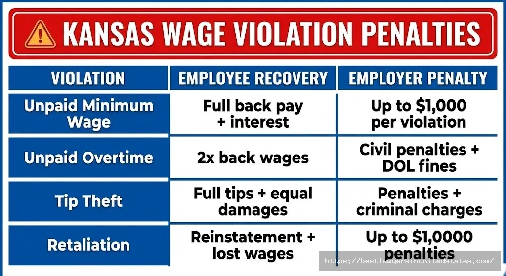 Kansas wage violation penalties showing employee recovery rights and employer fines for unpaid wages and overtime