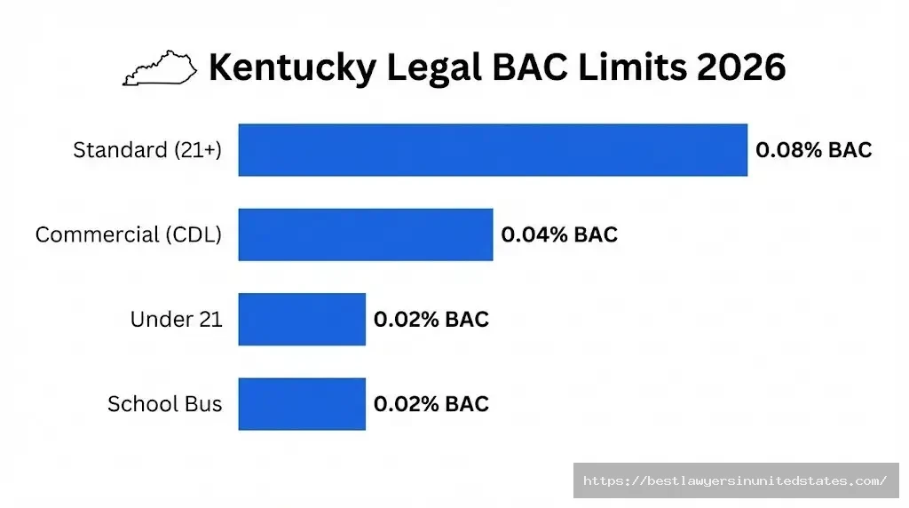 Kentucky BAC limits chart showing 0.08% standard, 0.04% CDL, 0.02% under 21 legal limits for 2026