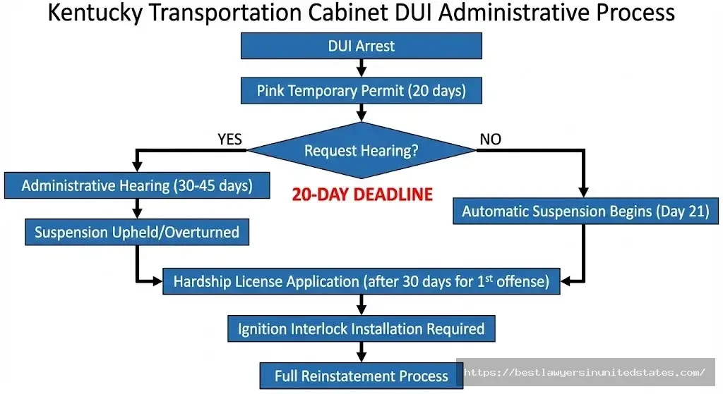 Kentucky DMV administrative process flowchart showing 20-day deadline for DUI hearing request and suspension timeline