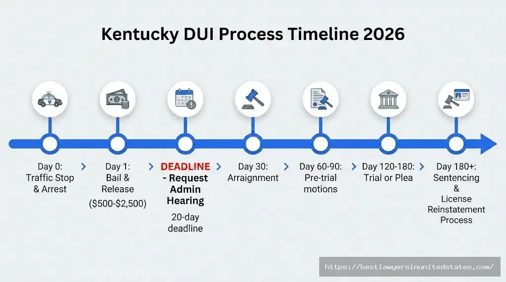 Kentucky DUI arrest process timeline from traffic stop to sentencing with critical 20-day hearing deadline