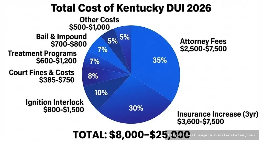 Kentucky DUI cost breakdown showing total $8,000-$25,000 for first offense including attorney, insurance, and fines
