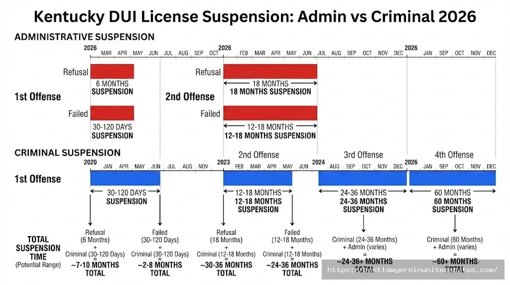 Kentucky DUI license suspension timeline showing administrative and criminal suspension periods for each offense level