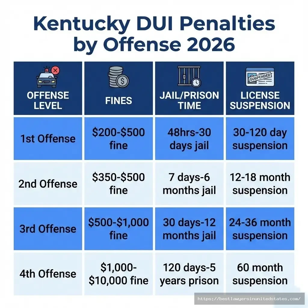 Kentucky DUI penalties comparison showing fines, jail time, and license suspension for 1st through 4th offense