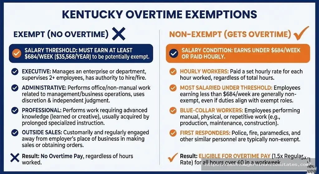 Kentucky exempt versus non-exempt employee comparison showing $684 weekly salary threshold