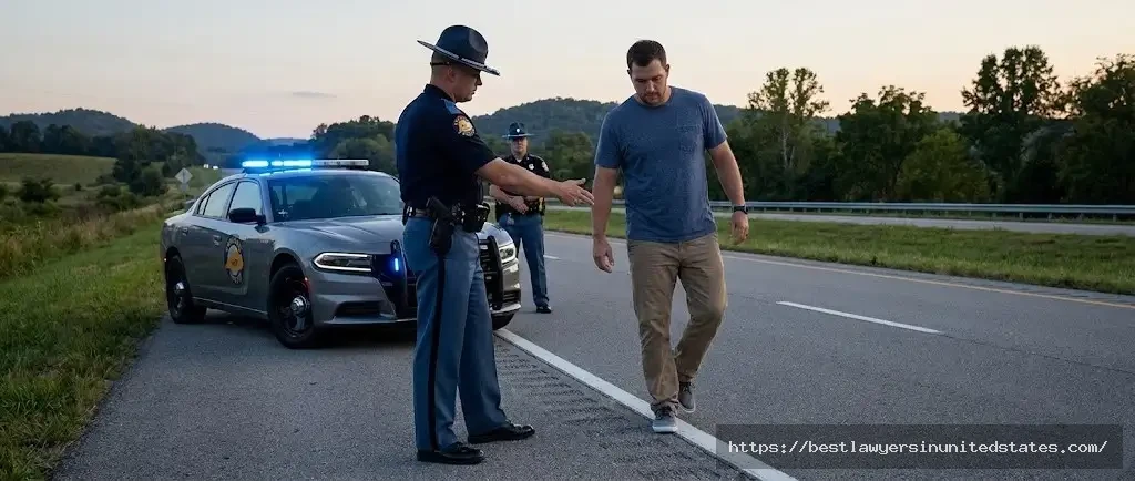 Kentucky field sobriety test administration showing walk-and-turn and one-leg stand tests during DUI stop