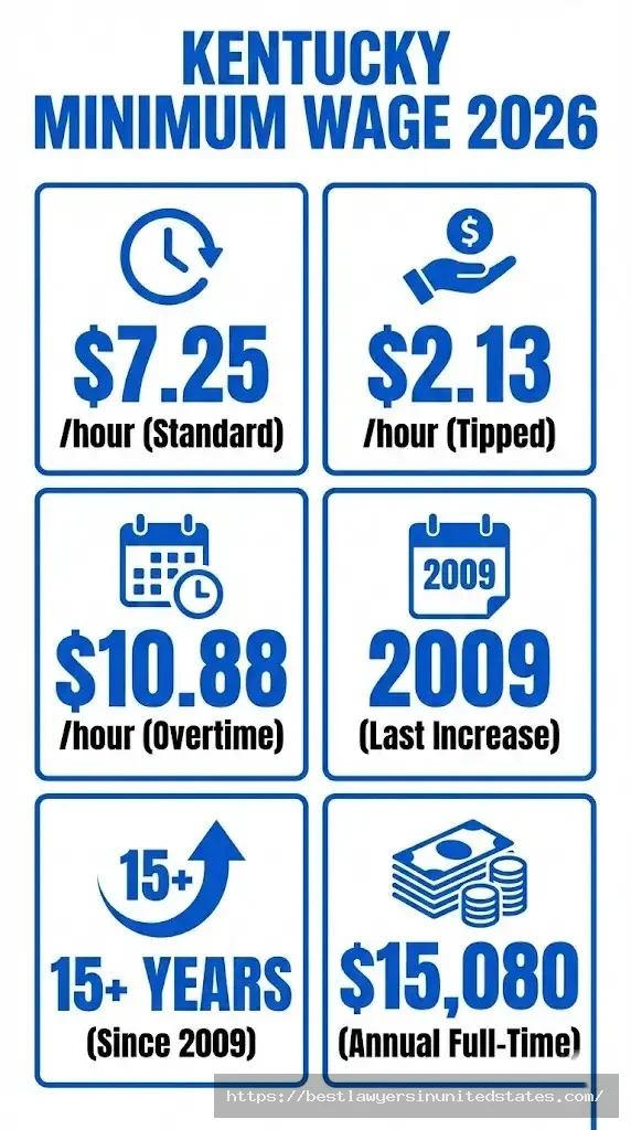 Kentucky minimum wage 2026 rates showing $7.25 hourly wage and tipped employee rates