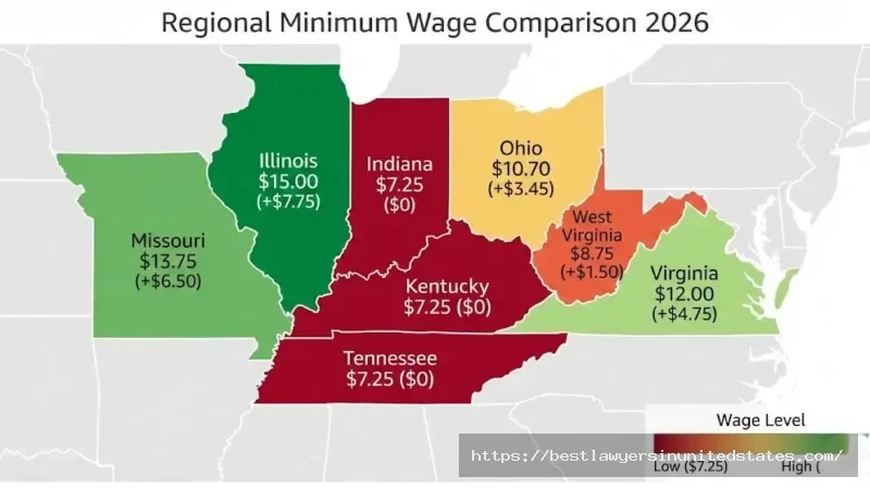 Kentucky minimum wage comparison map showing neighboring states pay $1.50 to $7.75 more per hour