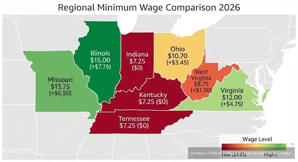 Kentucky minimum wage comparison map showing neighboring states pay $1.50 to $7.75 more per hour
