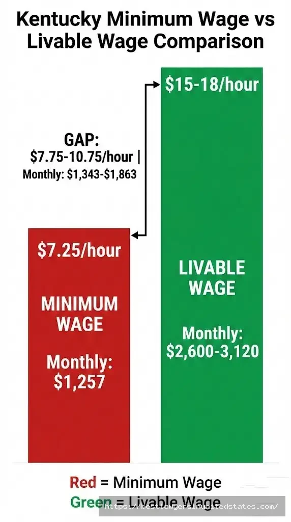 Kentucky minimum wage gap showing $7.25 current rate versus $15-18 livable wage estimate