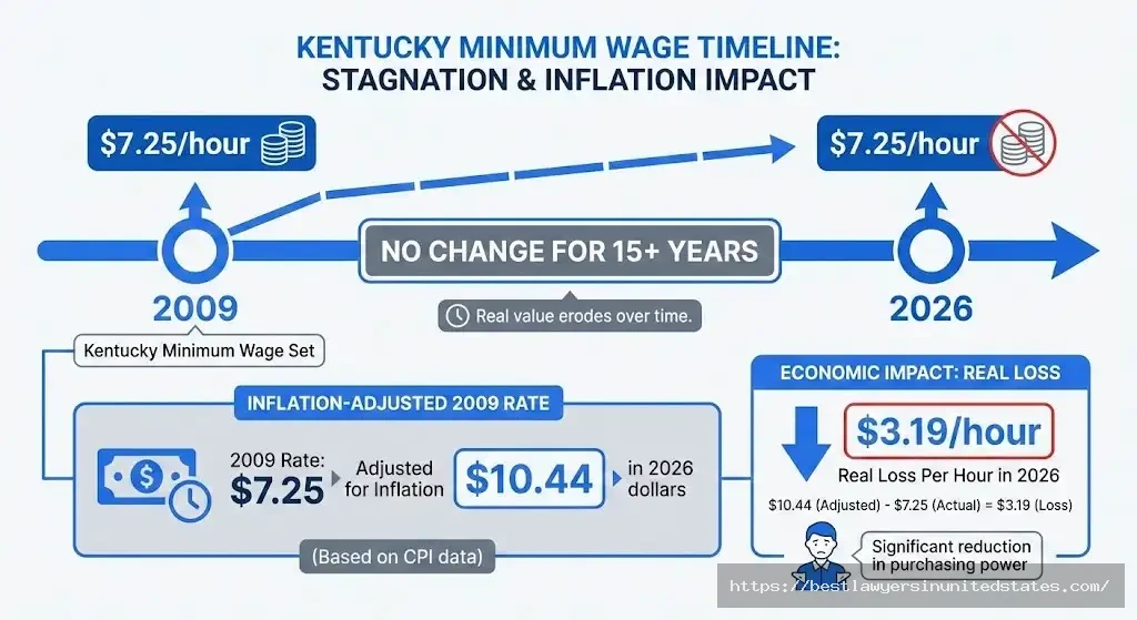 Kentucky minimum wage history showing $7.25 rate unchanged since 2009, 15 years without increase