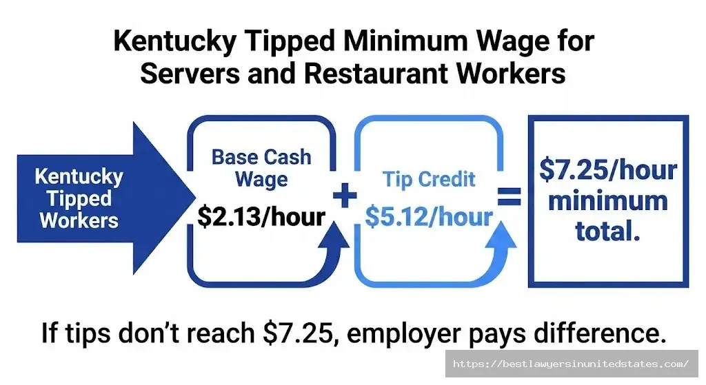Kentucky tipped minimum wage calculation showing $2.13 base plus $5.12 tip credit equals $7.25