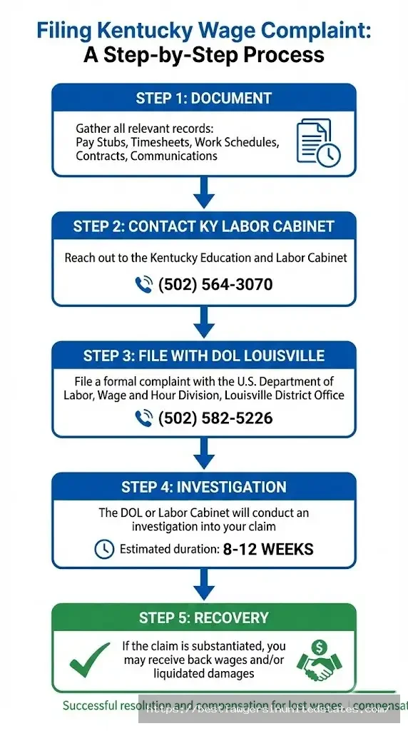 Kentucky wage complaint filing process showing 5 steps from documentation to recovery