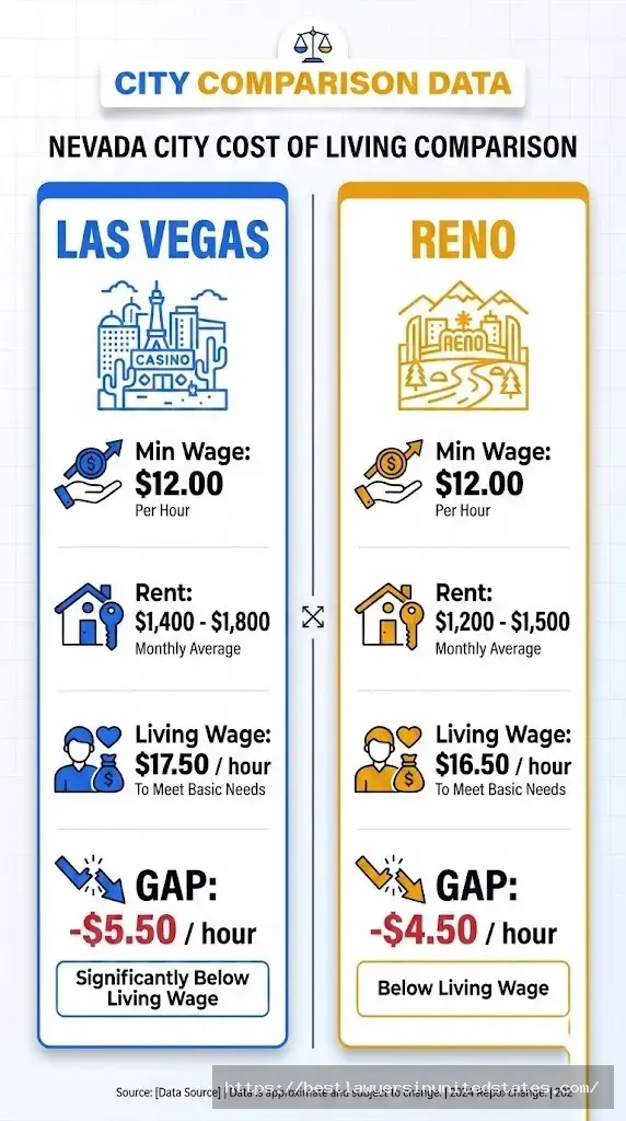 Las Vegas and Reno Nevada minimum wage comparison showing cost of living and living wage gaps