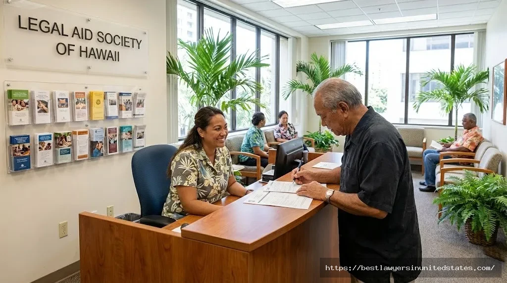 Legal Aid Society of Hawaii office with staff helping client access free divorce legal services