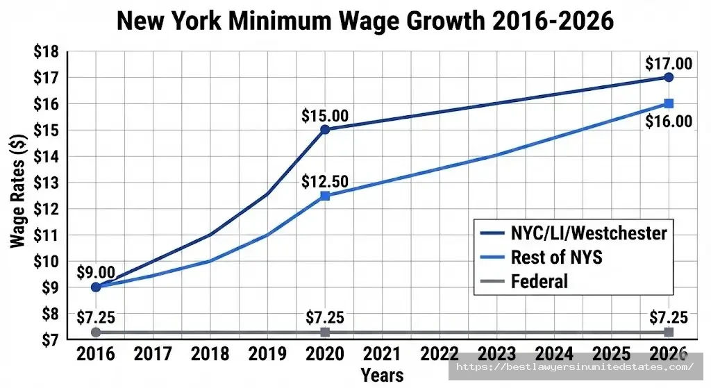 Line chart showing New York minimum wage growth from 2016 to 2026 for NYC and upstate regions