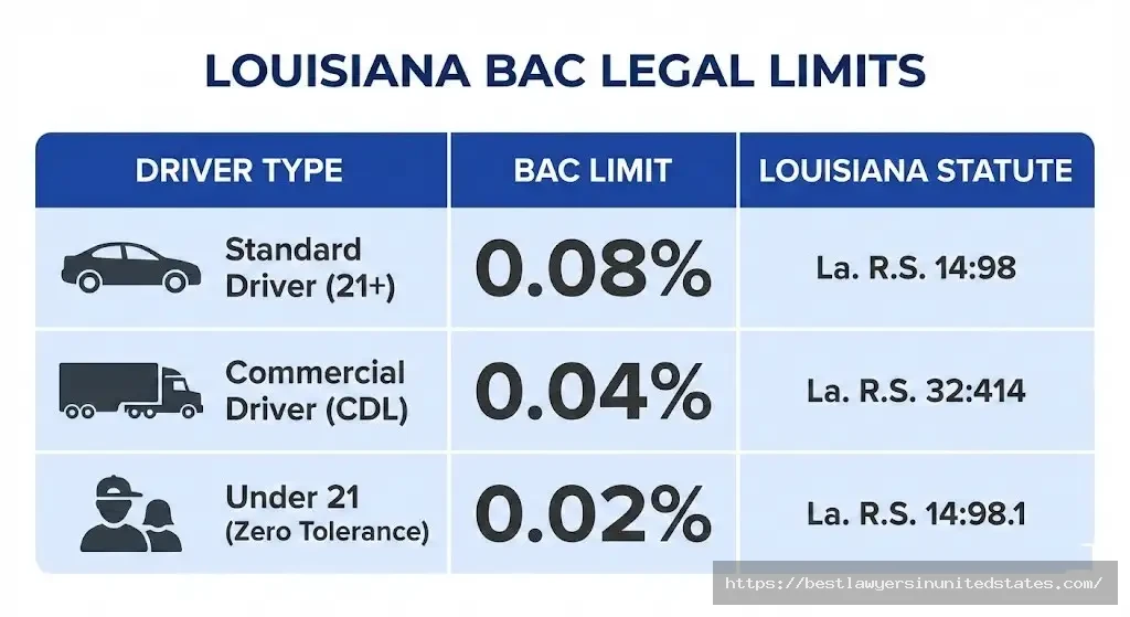 Louisiana BAC limits chart 0.08 for standard drivers 0.04 for CDL 0.02 for underage drivers with statute references