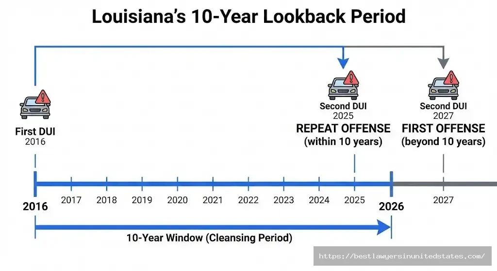 Louisiana DUI 10 year lookback period timeline showing how prior convictions affect sentencing for repeat offenses