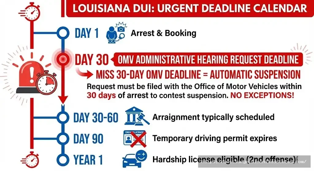 Louisiana DUI arrest timeline showing critical 30 day OMV hearing deadline arraignment and license suspension dates