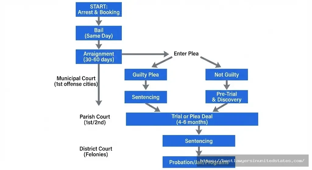 Louisiana DUI court process flowchart from arrest through arraignment trial and sentencing in municipal parish and district courts