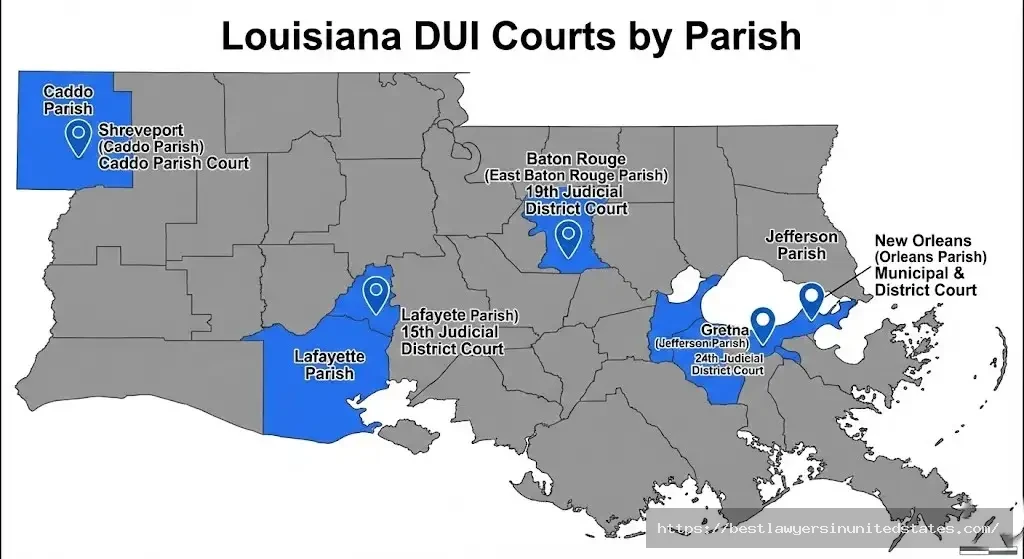 Louisiana DUI courts map showing Orleans East Baton Rouge Jefferson Caddo and Lafayette parish court locations and types