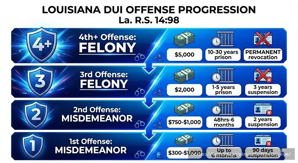 Louisiana DUI penalties progression chart showing fines jail time and license suspension for 1st through 4th offense under La RS 1498