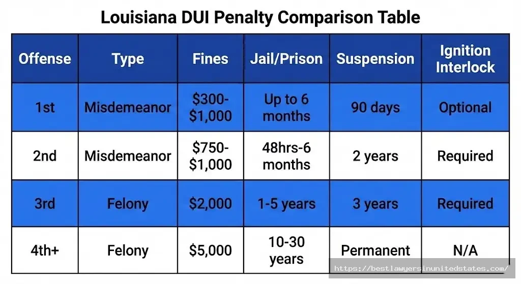 Louisiana DUI penalties table comparing fines jail time and license suspension for 1st 2nd 3rd and 4th offense convictions