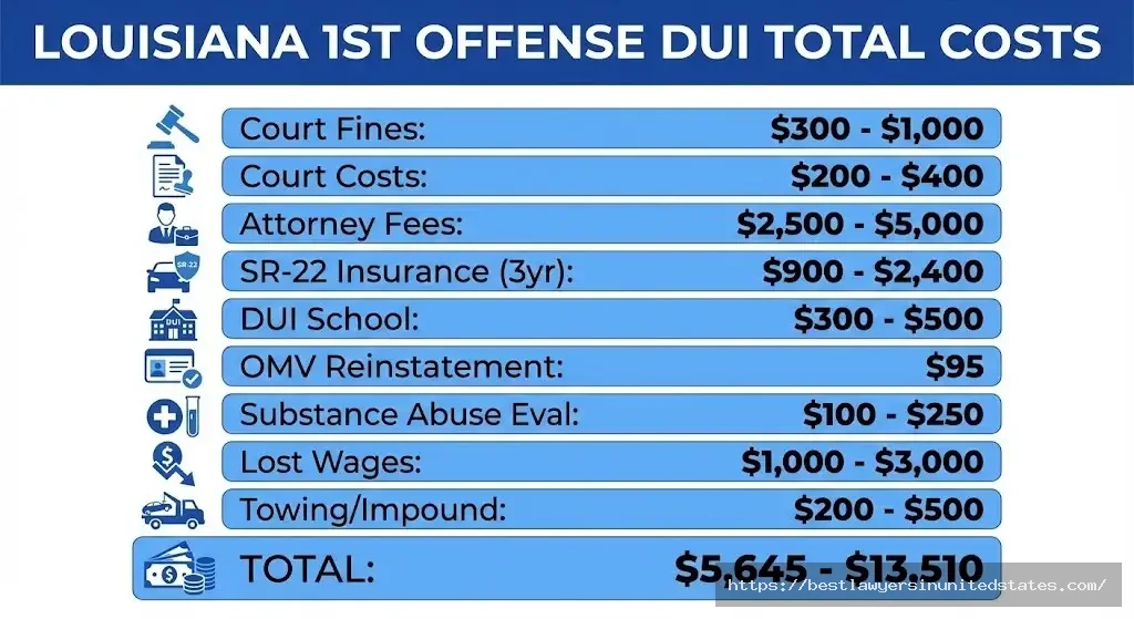 Louisiana first offense DUI cost breakdown showing total expenses from 5645 to 13510 dollars including fines attorney fees and insurance