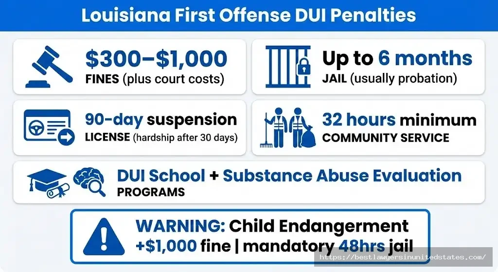 Louisiana first offense DUI penalties 300 to 1000 dollar fines up to 6 months jail 90 day suspension and 32 hours community service