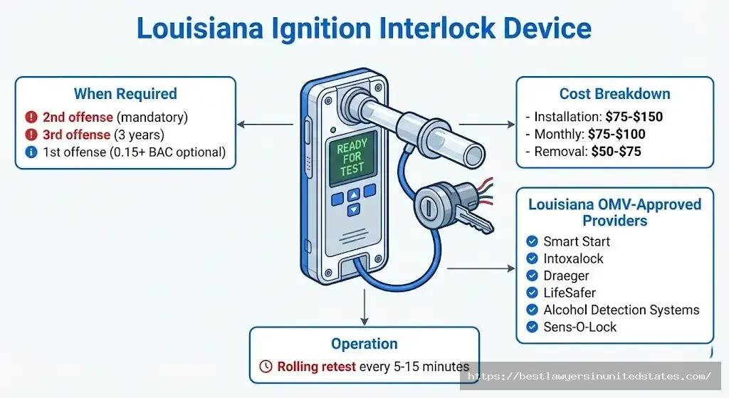 Louisiana ignition interlock device requirements costs and installation for 2nd and 3rd offense DUI convictions with OMV approved providers
