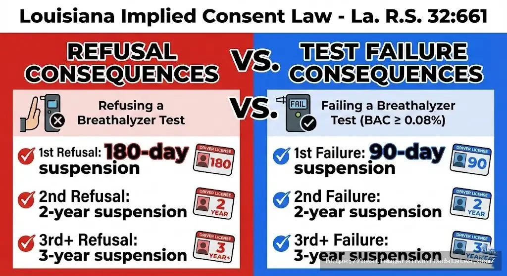 Louisiana implied consent law refusal penalties 180 days vs test failure 90 days for first offense under La RS 32661