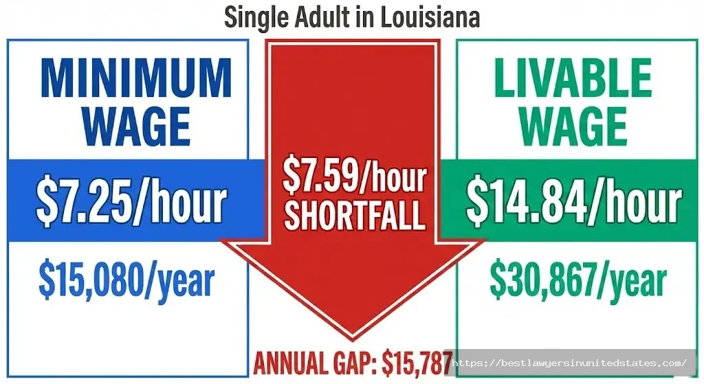 Louisiana minimum wage gap shows $7.59 per hour shortfall from livable wage