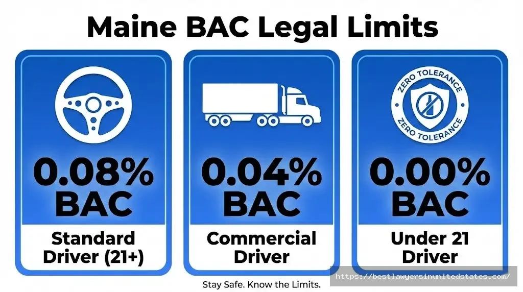 Maine BAC limits infographic 0.08% standard, 0.04% commercial drivers, 0.00% under 21 zero tolerance law