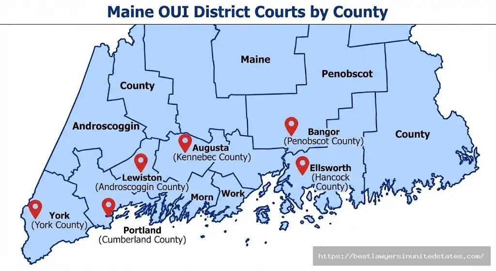 Maine OUI district courts map showing Portland, Bangor, Augusta, York, Ellsworth, and Lewiston court locations