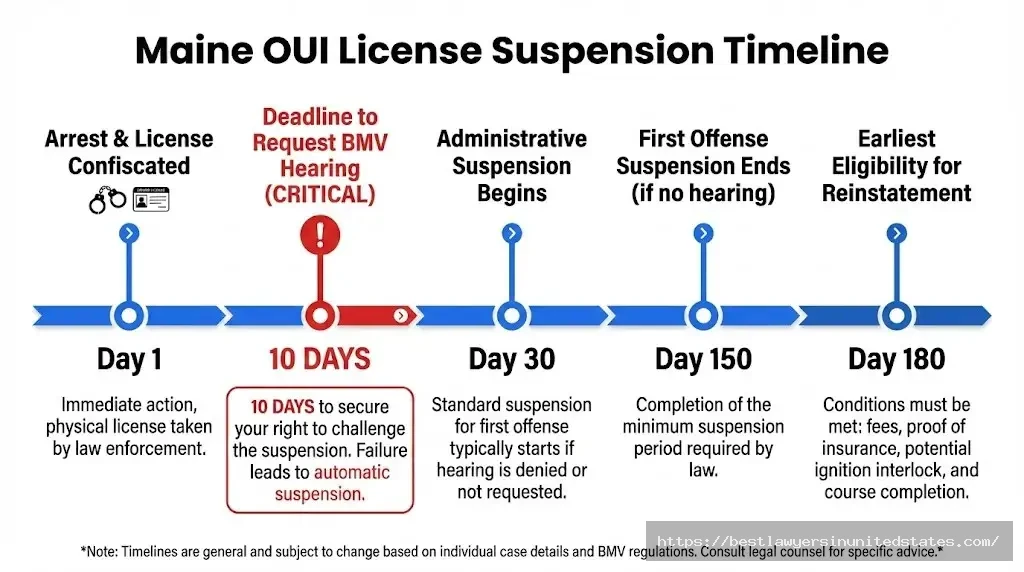 Maine OUI license suspension timeline arrest day 1, 10-day hearing deadline, 30-day suspension start, 150-day end