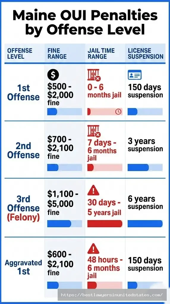Maine OUI penalties table showing fines, jail time, and license suspension for 1st, 2nd, 3rd, and aggravated offenses