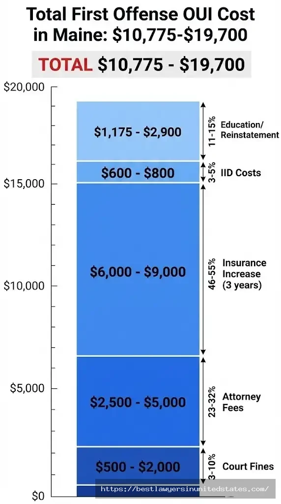 Maine OUI total cost breakdown $10,775-$19,700 including fines, attorney, insurance, IID, and reinstatement fees