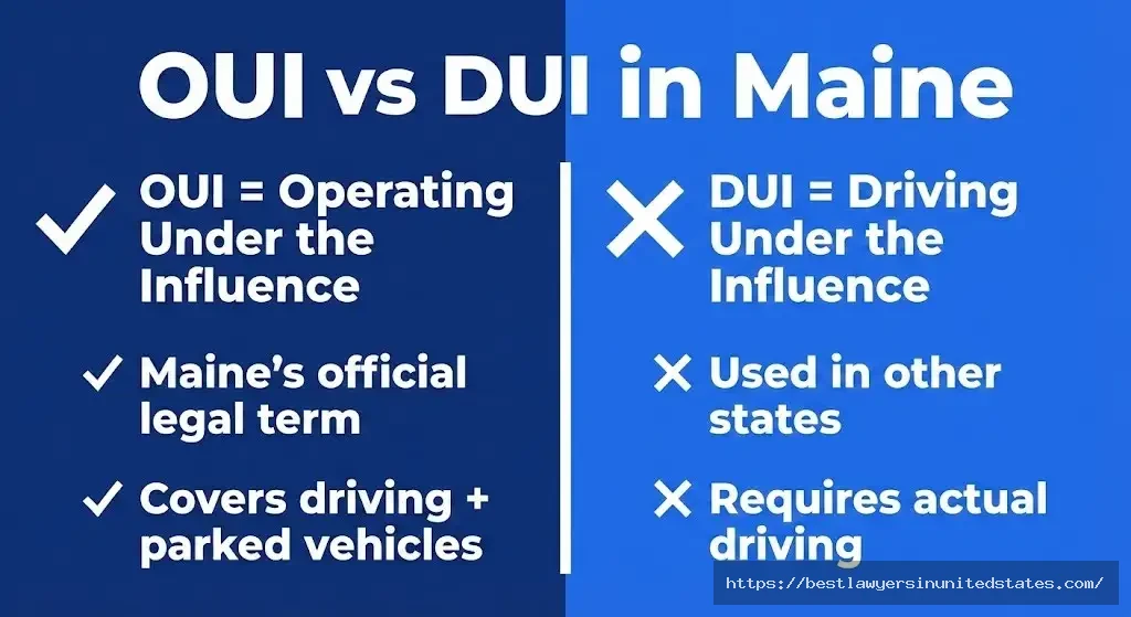 Maine OUI vs DUI comparison showing Operating Under Influence is official term covering broader situations than DUI
